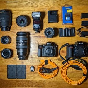 Nikon Cameras and lens, flash, cables, batteries